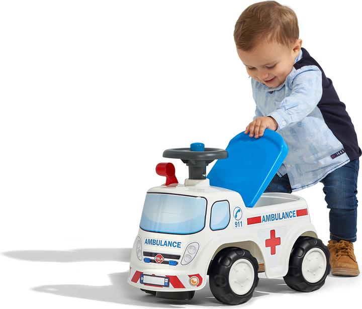 Actual product image Falk Toys Ambulance ride-on with storage steering wheel and horn