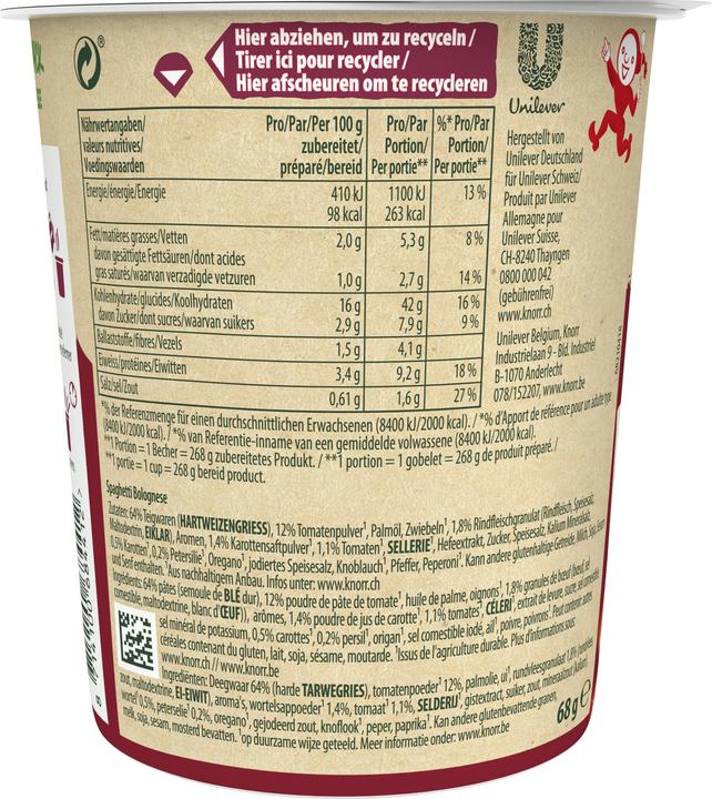 Nährwerte und Zutaten Knorr Pasta Snack Bolognese Becher, Italienischer Genuss mit Teigwaren, in 5 Minuten zubereitet (82 g)