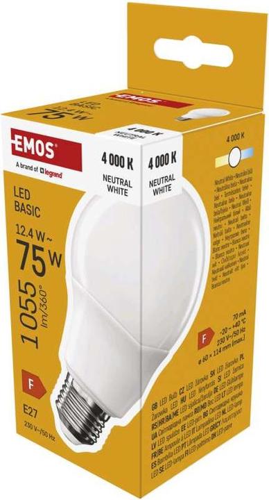 Immagine prodotto Emos Lampada LED Basic A60 / E27 / 12,4 W (75 W) / 1055 lm / Bianco neutro (E27, 12.40 W, 1055 lm, 1 x, F)