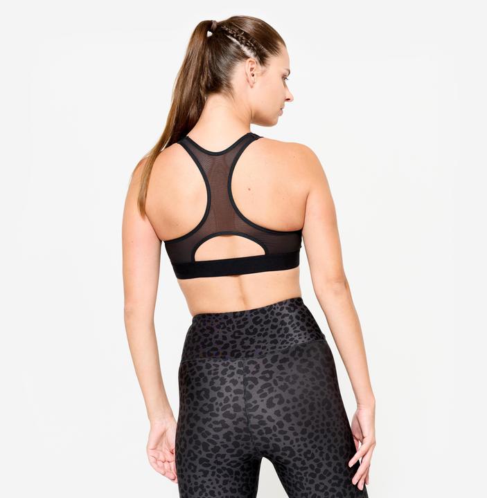 Produktbild Decathlon Sport-Bustier Damen Schwimmerrücken und Pads mittlerer Halt - schwarz/grau Leo (L)
