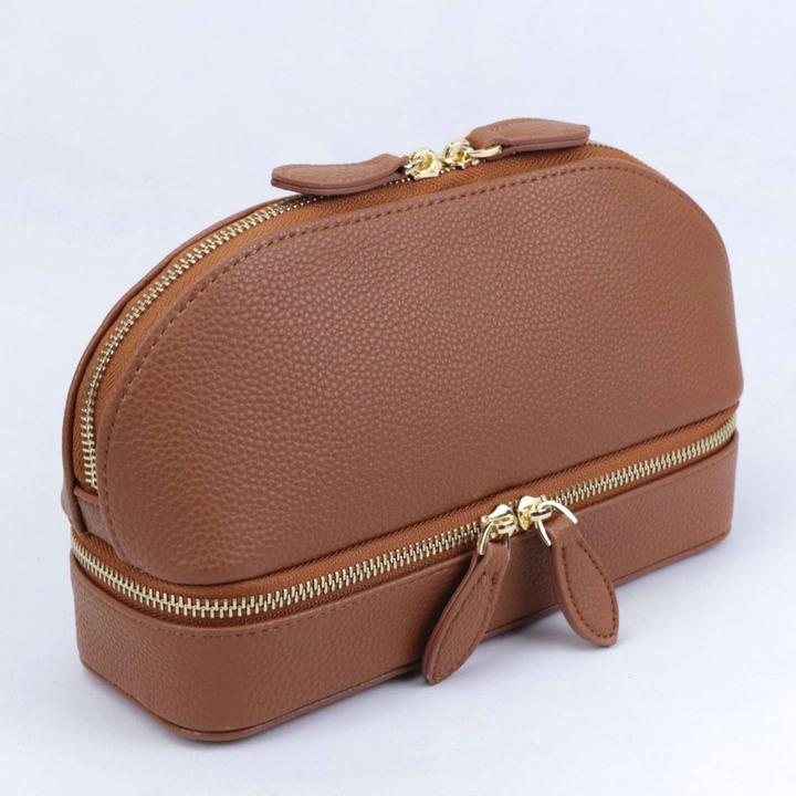 Only-Bags.Store Trousse de maquillage double couche de grande capacité, boîte à bijoux en cuir PU de couleur unie