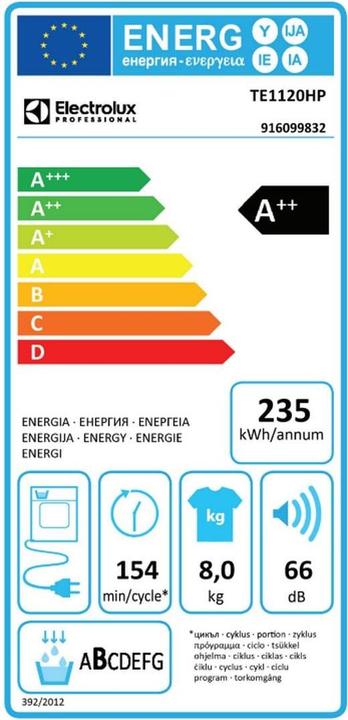 Energie-Label Electrolux Gewerbe WÄSCHETROCKNER WÄRMEP. GEWERBE (TE1120HP ED) (8 kg, Links)