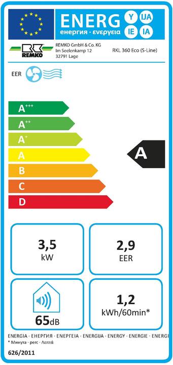 Energie-Label Remko RKL 360 Eco S-Line RK Raumklimagerät (11942.50 BTU/h)