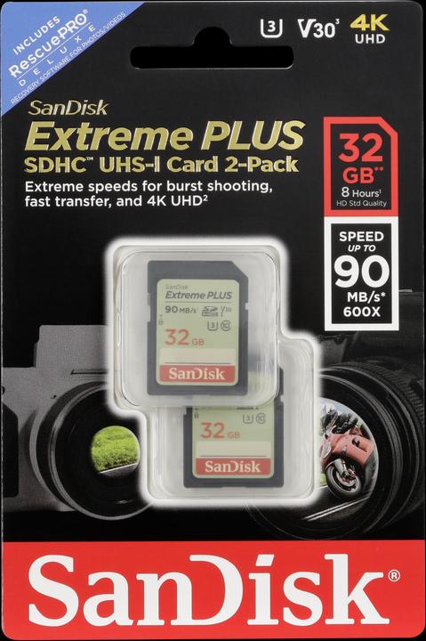 Produktbild SanDisk Extreme Plus 2-Pack 32GB 90MB/s. V30 (32 GB, SDHC, U3, UHS-I)