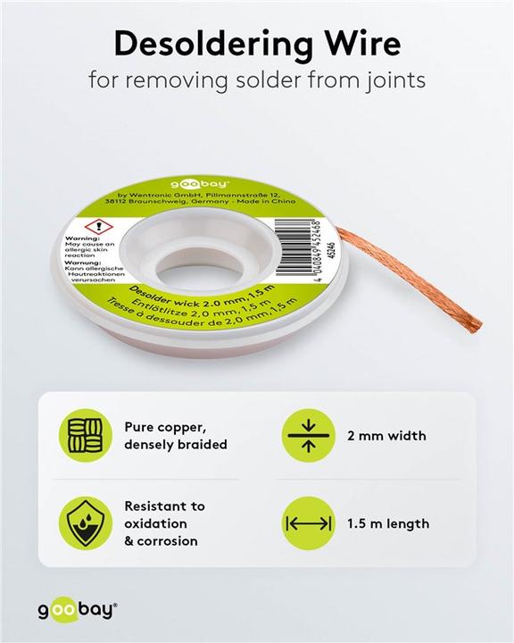 Image du produit Goobay Tresse à dessouder 2 mm pour enlever l'étain de soudure aux points de soudure 1,5 m (tresses à dessouder)