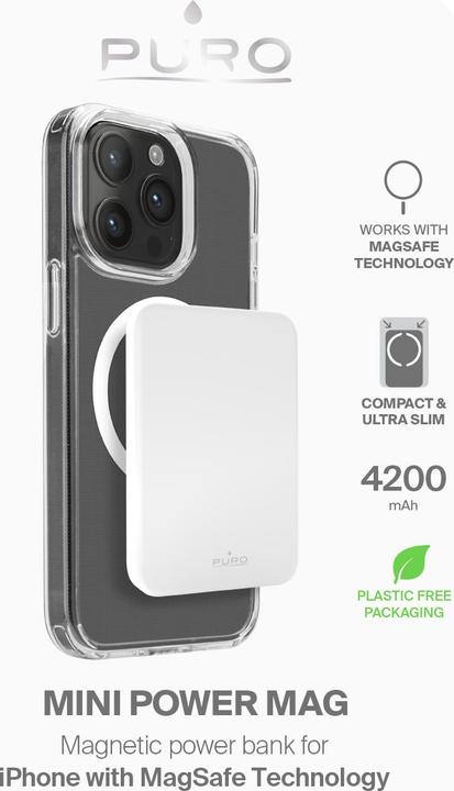 Immagine prodotto Puro Power bank Mini Power Mag 4200 mAh USB-C in/out. Banca di alimentazione - Hvid - 4200 mAh (4200 mAh, 54000000 W, 15000 Wh)