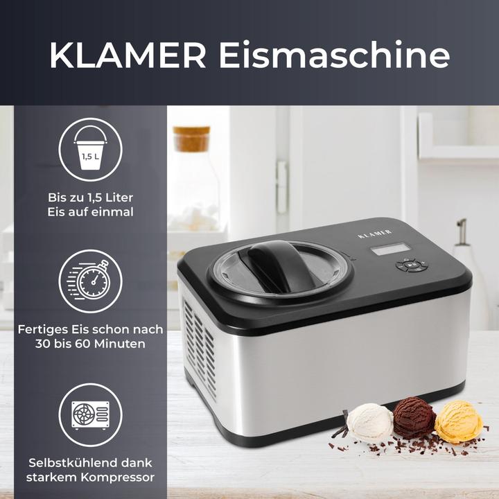 Produktbild KLAMER Eismaschine 1.5L, 120 W Eiscrememaschine aus Edelstahl