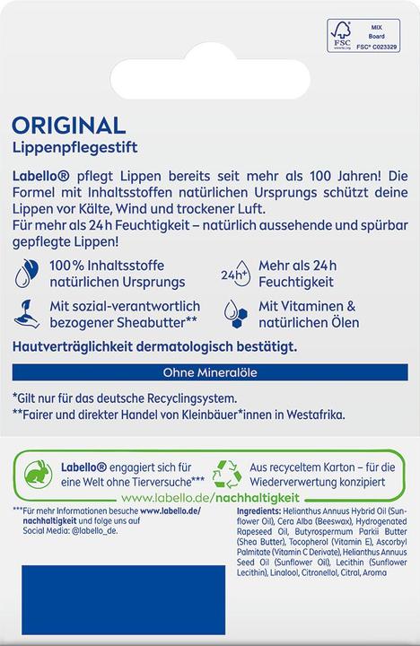 Voedingswaarden en ingrediënten Labello Origineel met blisterverpakking (Verzorgingsstokjes, 5.50 ml)