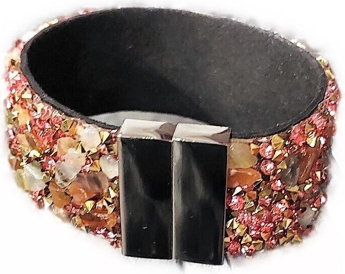 Actual product image Signé Signè Bracelet Leather with Stones & Synthetic Crystals Pink & Metal Cone Gold No.9 (18.50 cm, Metal, Glass, Brass, unleaded, Cadmium-free, synthetic crystals, Nickel-free)