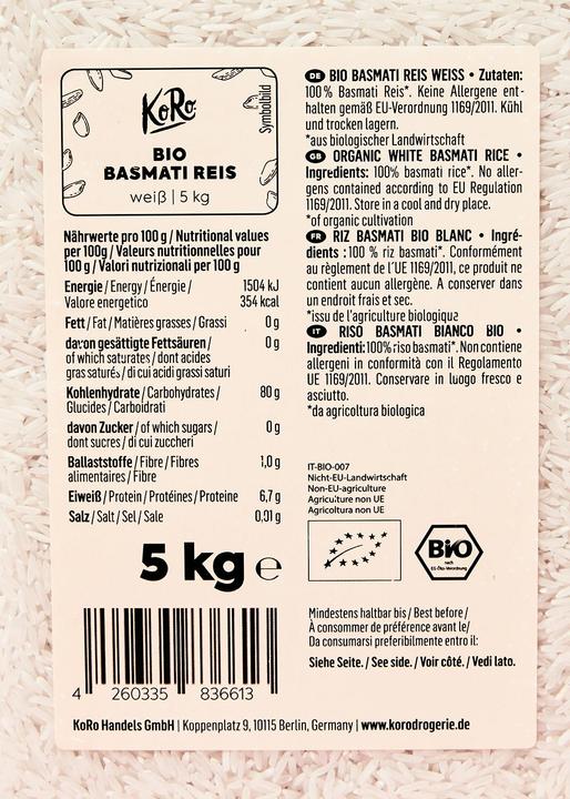 Nutritional values and ingredients KoRo Organic Basmati rice white (5000 g)