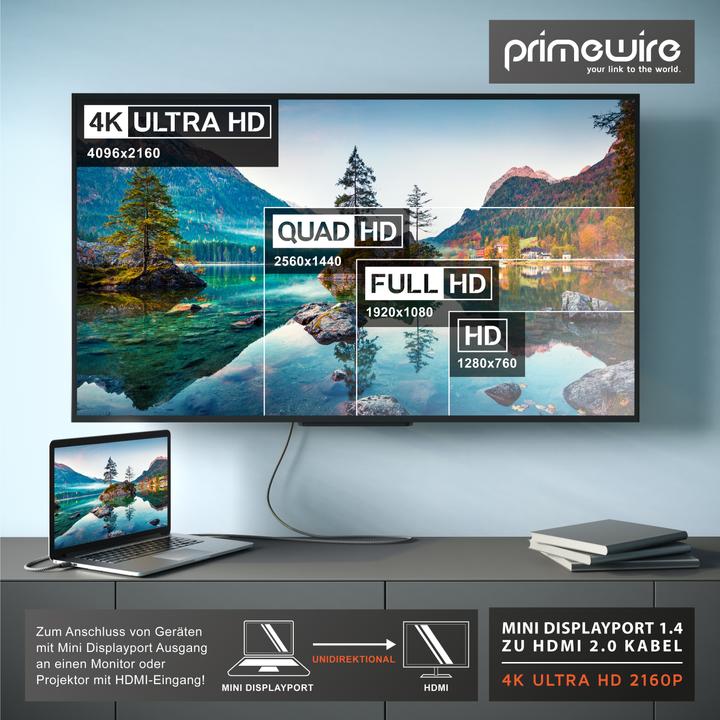 Image du produit Primewire Câble Mini DisplayPort vers HDMI Type A, adaptateur 4k mDP 1.4 vers HDMI 2.0, 4k@60Hz, Thunderbolt (1 m, HDMI, Autre)