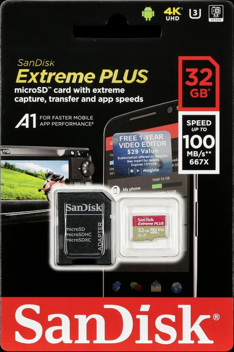 Image du produit SanDisk microSDHC 100MB A1 32GB Extreme Plus Plus (32 Go, microSDHC, U3, UHS-I)