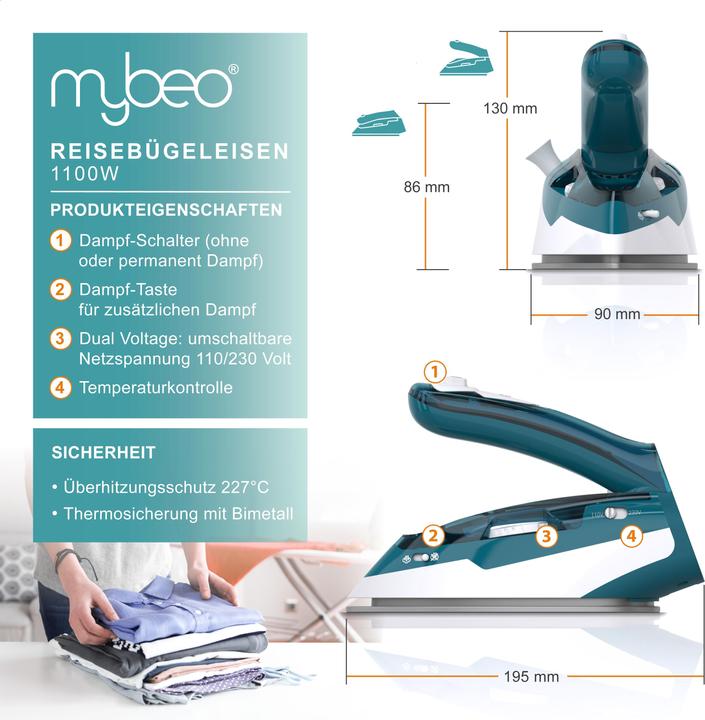 Produktbild Mybeo Reisebügeleisen, faltbares Bügeleisen 1100W, mit Dampf & Edelstahl Gleitsohle, Dual-Voltage 110/230V (1100 W)