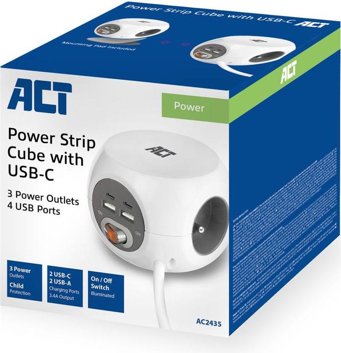 Productafbeelding Stopcontact kubus (PDU) met 3 stopcontacten type E, USB-C/USB-A poorten, 1,5m (7 x, CEE 7/7, 1.50 m)