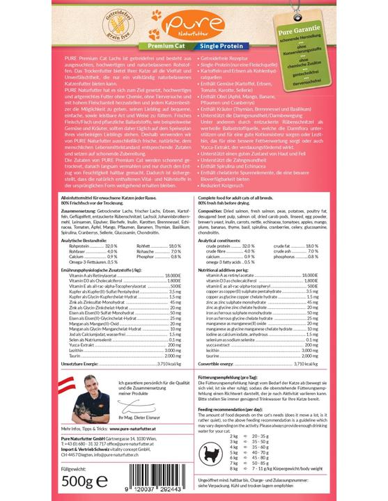 Nutritional values and ingredients Pure Naturfutter Premium Cat Single Protein Grain Free Salmon (Adult, 1 pcs., 500 g)