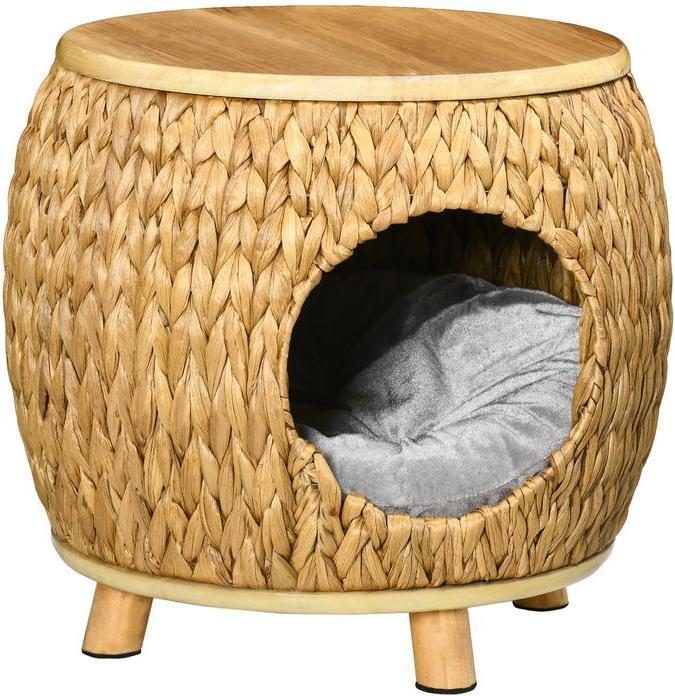 Produktbild Swisshandel24 Katzenhöhle aus Rattan 2-in-1 Design Katzenkorb mit Kissen Haustierbett Wasserhyazinthengras Paulown (Katze)
