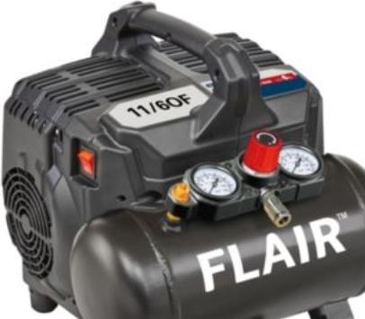 Actual product image Folke Larsen Flair 11/6OF compressor 1,0hk - 230V, lydsvag, 105L/min, 6L tank, 8 bar, oliefri (6 l)