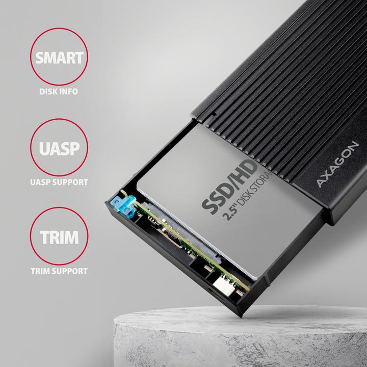Actual product image Axagon EE25-GTR USB-C 3.2 Gen 2 - SATA 6G, 2.5" external hard drive enclosure, corrugated - black (2.5")