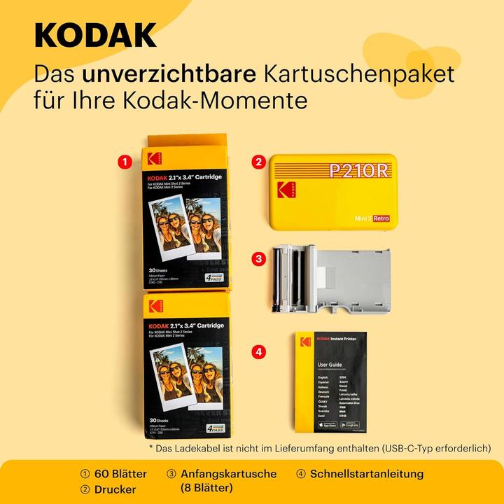 Actual product image Kodak MINI 2 RETRO P210RYK60 PORTABLE INSTANT PHOTO PRINTER BUNDLE 2.1X3.4 YELLOW (Colour)