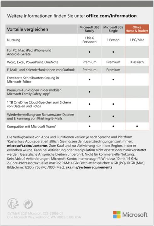 Produktbild Microsoft Office Home & Student 2021 - Licence - 1 PC/Mac - Download - ESD - National Retail - Win (1 User, unbegrenzt)
