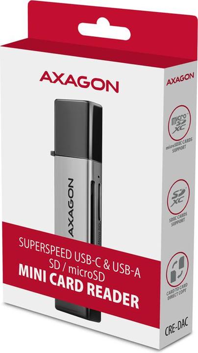 Produktbild Axagon CRE-DAC External USB 3.2 Gen1 Type-C+Type-A 2-slot SD/microSD (USB 3.0, Type-B)