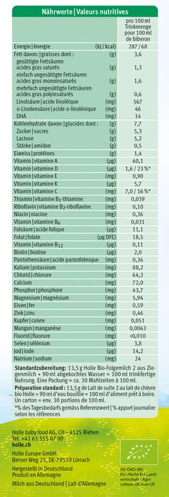 Nährwerte und Zutaten Holle Bio-Folgemilch 2 (460 g, ab 7 Monaten)