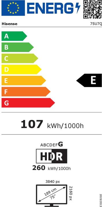 Energy Label Hisense TV 75U7Q (75", U7QF, LED, UHD, 2025)