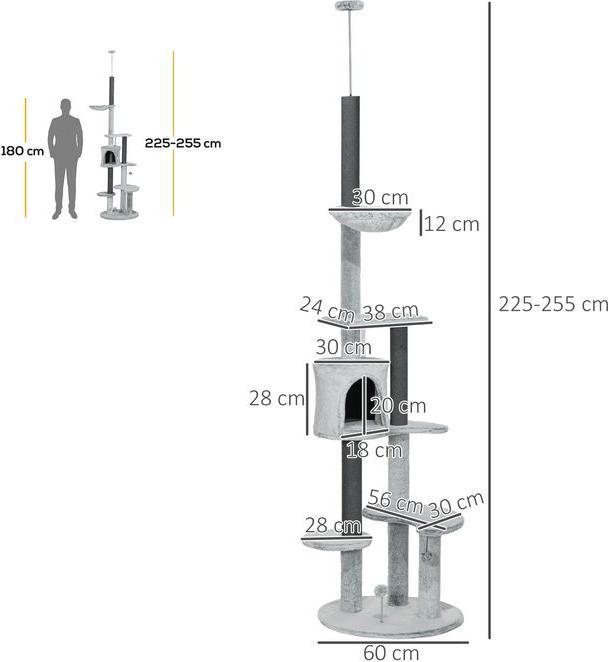 Image du produit Swisshandel24 Griffoir haut de plafond, 225-255 cm avec grotte pour chat, griffoirs, panier, balle de jeu, gris (255 cm, Gris)