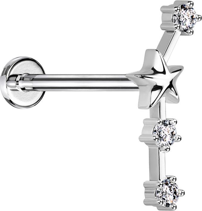 Star Piercing Micro Labret Innengewinde silber Sternzeichen Widder mit Kristallen (Chirurgenstahl 316L, Messing)