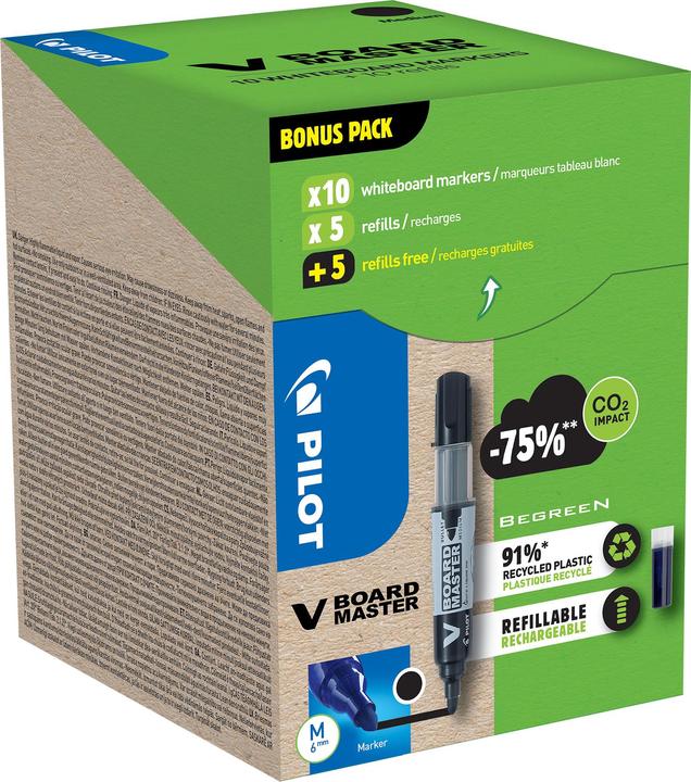 Produktbild Pilot Greenpack V-Board Master, schwarz, 10 Marker und 10 Ersatzminen (Schwarz, 2.30 mm, 10 x)