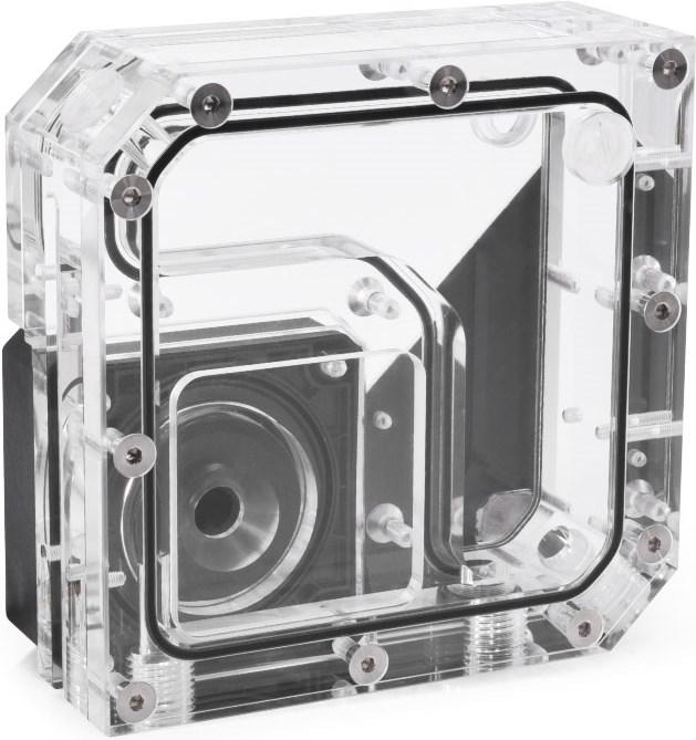 Actual product image Alphacool Rise Flat Reservoir DDC expansion tank with pump
