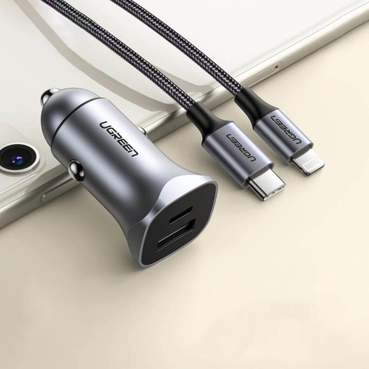 Actual product image Ugreen CD130 Car Charger, USB-A+PD 3.0, USB-C, QC3.0 30W (Grey)