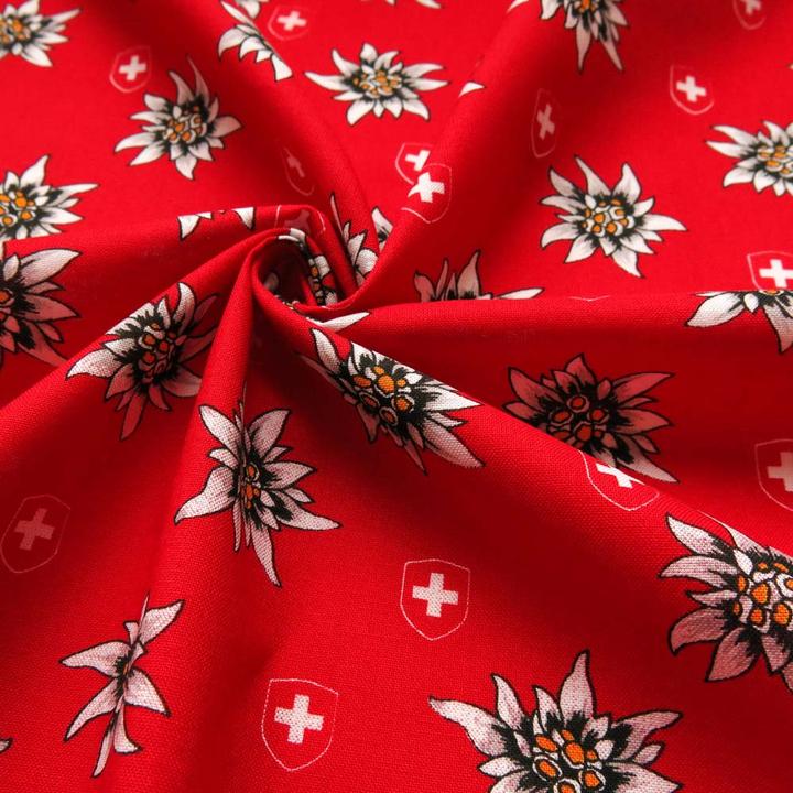 Produktbild Stoffrestposten Baumwolle - Edelweiss und Schweizer Wappen auf Rot
