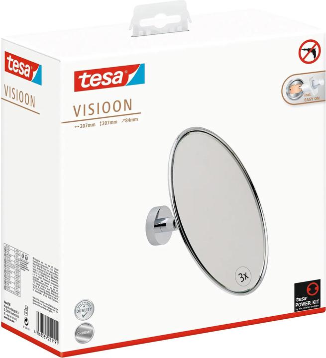 Productafbeelding tesa VISIOON make-upspiegel met 3x vergroting - Spiegel voor wandmontage zonder boren, zilver
