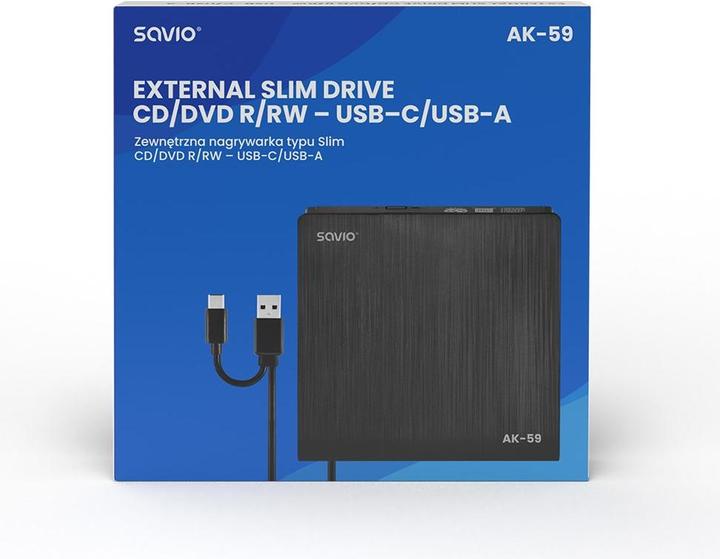Image du produit Savio AK-59 Enregistreur CD/DVD externe ultraplat R/RW - USB-C/USB-A noir (Graveur de CD, Graveur de DVD)
