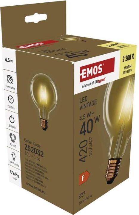 Image du produit Emos Lampe LED Vintage G95 / E27 / 4,5 W (40 W) / 420 lm / Blanc chaud (E27, 4.50 W, 420 lm, 1 x, F)