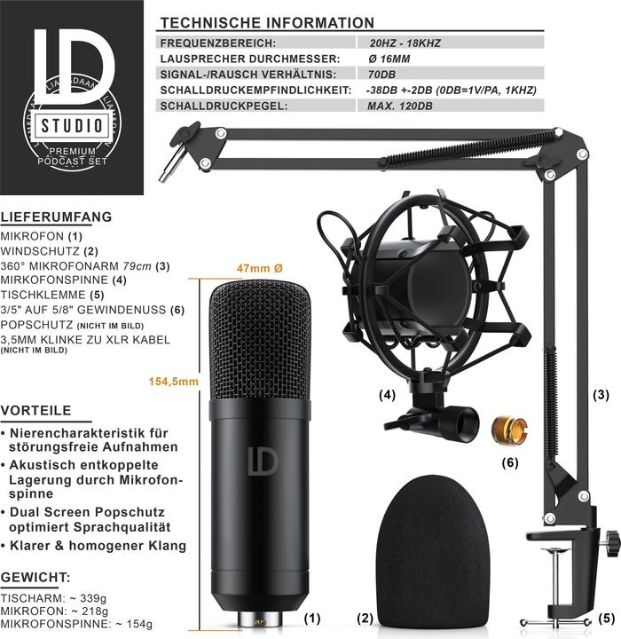 Produktbild Liam & Daan XLR Kondensatormikrofon mit Mikrofonarm, PC Mikrofon Set Studiomikrofon Kondensator Microphone