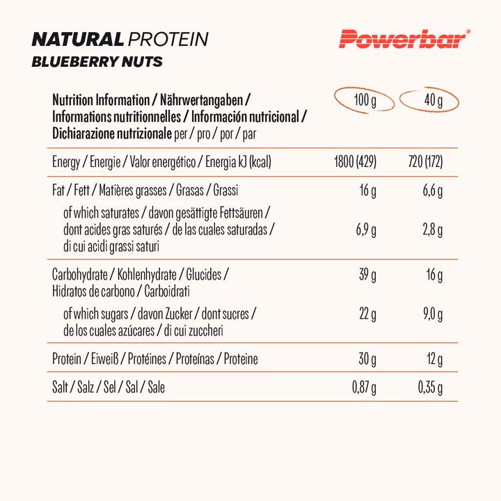 Valeurs nutritives et ingrédients Powerbar Natural Protein Vegan (Nadgers, Myrtille, 18 pcs, 720 g)