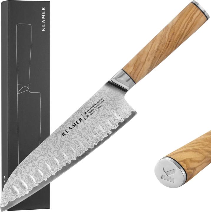 Immagine prodotto KLAMER Santoku Damastmesser Olive 18 cm Kochmesser (18 cm)