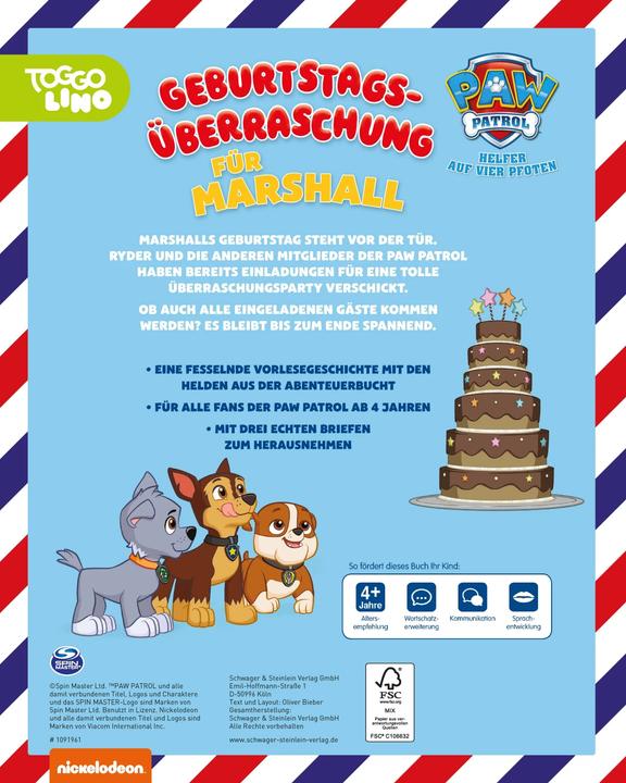 Image du produit PAW Patrol Briefe-Geschichtenbuch: Geburtstagsüberraschung für Marshall (Allemand, Oliver Bieber, 2022)