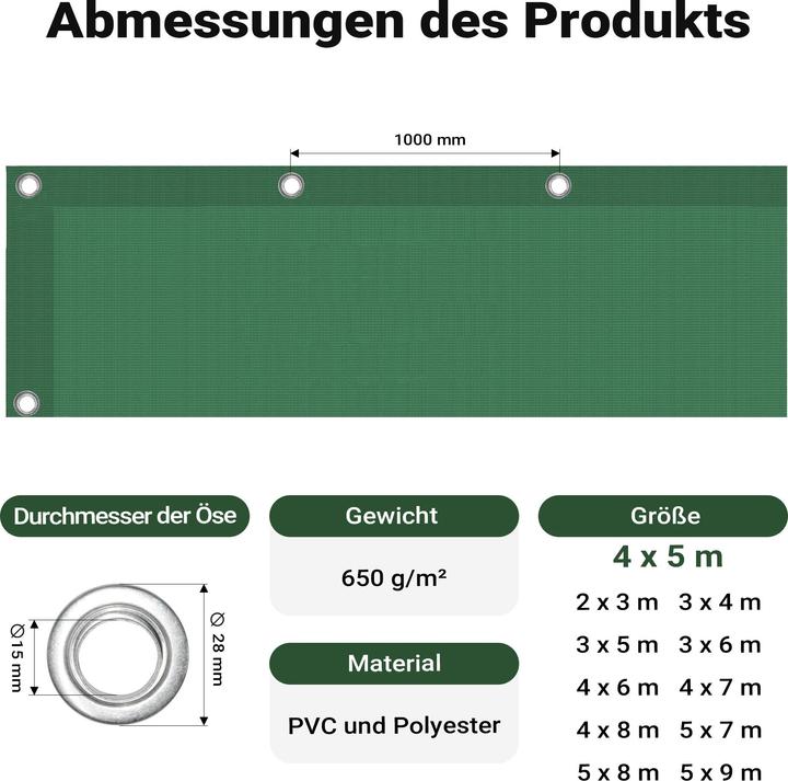 Produktbild Wiltec Abdeckplane wetterfest dunkelgrün 4x5m Polyester Gartenplane 650g/m² Ösen (4 x 5 m)