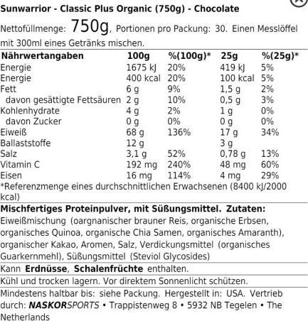 Valeurs nutritives et ingrédients Sunwarrior Protein Classic Plus Bio (Chocolat, 1 pcs, 750 g)