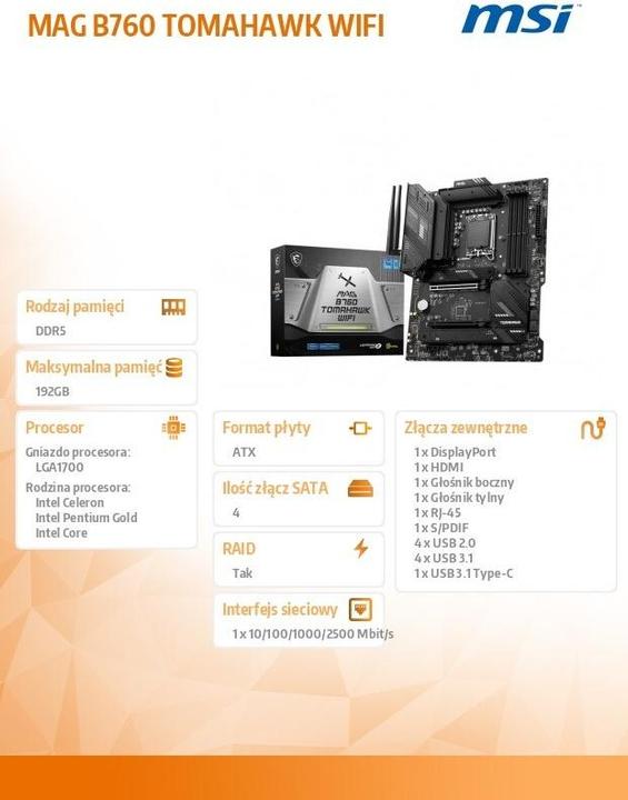 Produktbild MSI MAG B760 TOMAHAWK WLAN (LGA 1700, Intel B760, ATX)