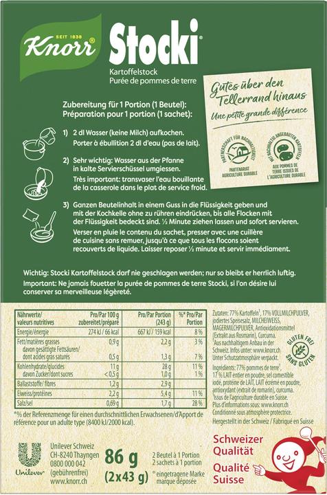 Valeurs nutritives et ingrédients Knorr Stocki Purée de pommes de terre suisses au lait (86 g)