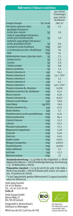 Valeurs nutritives et ingrédients Holle A2 Lait de suite bio 3 boîte de 400 g (400 g, à partir de 10 m.)