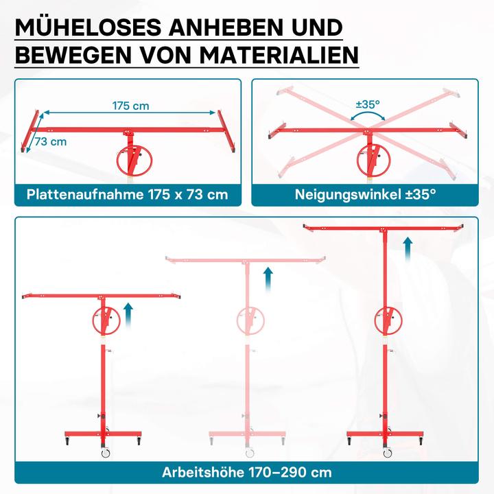 Produktbild Wiltec Plattenheber 40kg 170-290cm Montagehilfe Paneelheber Trockenbau Lift (40 kg)
