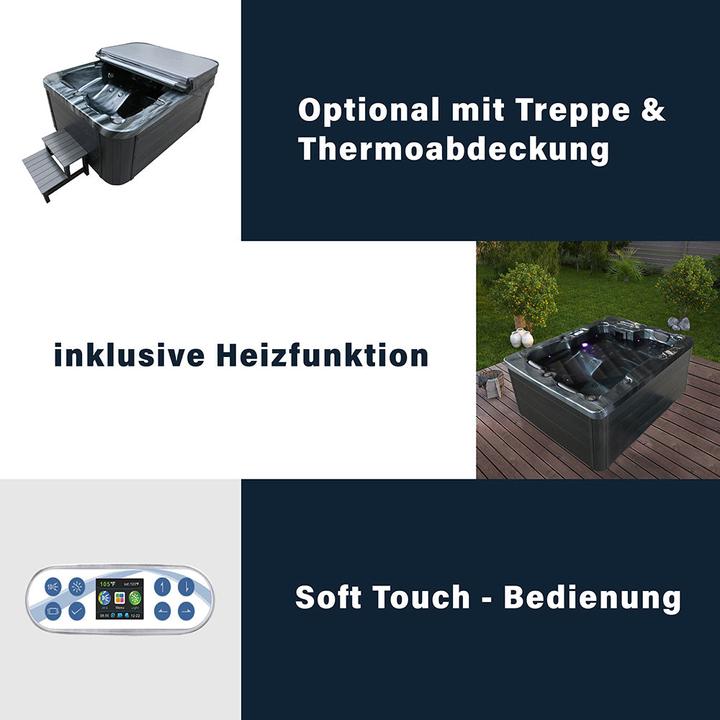 Produktbild Home Deluxe Outdoor Whirlpool BLACK PEARL, 27 Massagedüsen, Beleuchtung, Treppe und Thermoabdeckung, 3 Personen