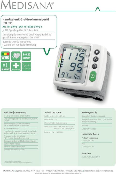 Immagine prodotto Medisana Bw 315 (Misuratore di pressione sanguigna da polso)