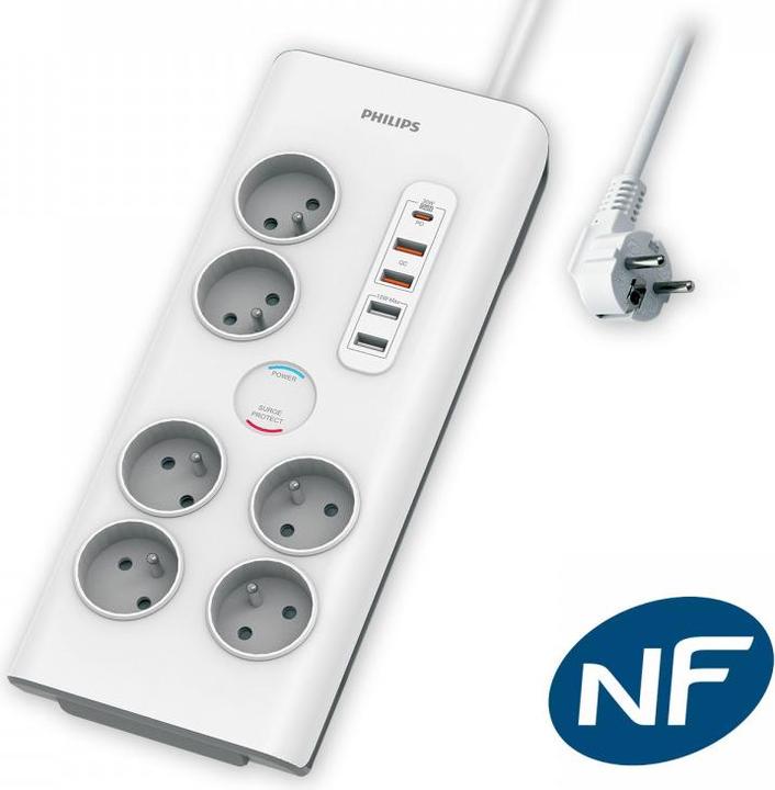 Produktbild MCL PHILIPS Rallonge multiprise parasurtenseur 6 prises chargeur Type-C et 4 USB-A 2m Blanc