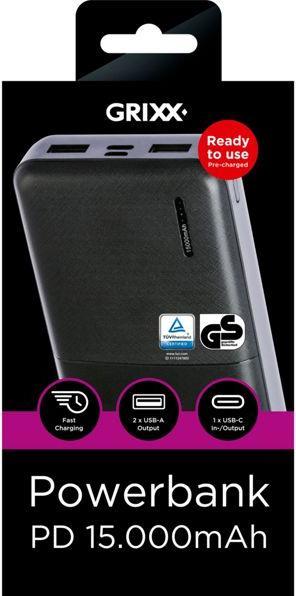 Immagine prodotto Grixx Powerbank 15000mAh Power Delivery Micro USB e USB-C Nero (15000 mAh, 55.50 Wh)